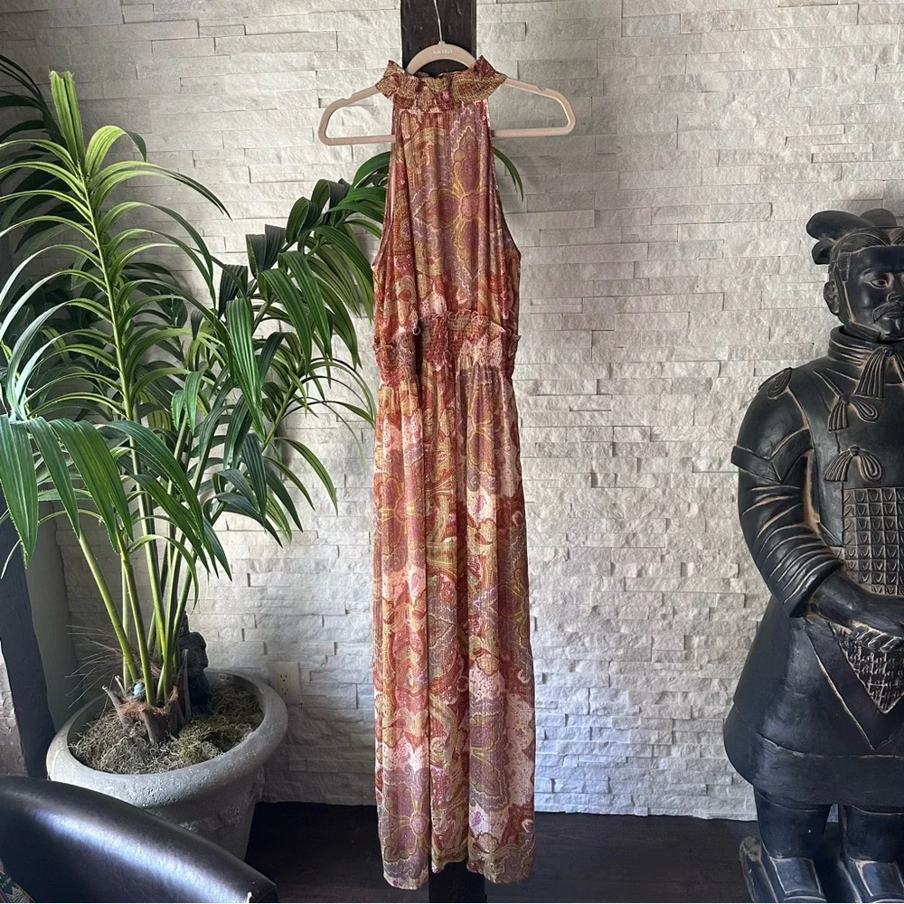 Liu Jo Boho Paisley Halter Smocked Made in Italy Maxi Floor Length Dress Size 8